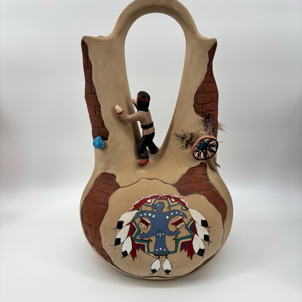 Vtg Native American Pueblo Wedding Vase Pottery Hand Painted 12 InStunningSigned